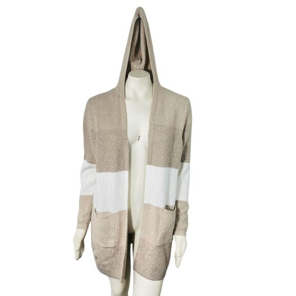 Cozy Hooded Long Cardigan Color Block Beige‎ White Knit Sweater Peyton Primrose - Picture 1 of 9